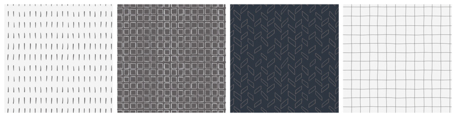 Neutral grey seamless pattern set. Modern masculine vector repeat design collection for mens fashion or bedding textile. Different backgrounds with herringbone, grid, square and abstract mark motifs.
