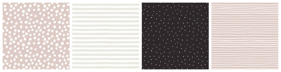  Simple spot and stripe baby girl seamless pattern set in neutral beige, white, soft pink and black colors for infant clothing, blanket or bedding textile.