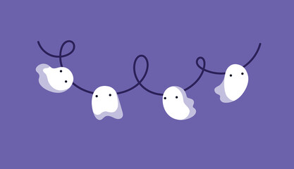 Halloween garland with cute ghosts. Decoration for walls and windows. Fun hand drawn ghosts. Cute and spooky Halloween background, great for textiles, wrapping, cloth, banners, wallpapers