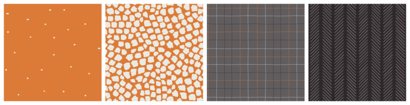Cozy seamless pattern set in terracotta orange, black and grey colors. Neutral herringbone, abstract spot, dot and plaid different fashion textile designs.