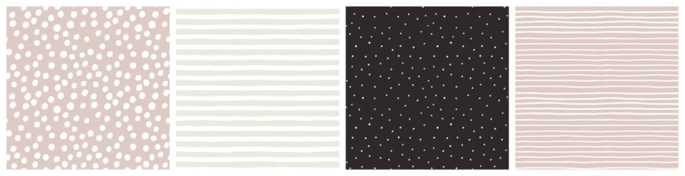  Simple spot and stripe baby girl seamless pattern set in neutral beige, white, soft pink and black colors for infant clothing, blanket or bedding textile.