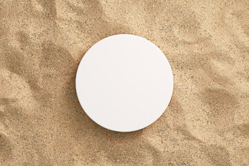 White podium on 3d sand background with top beach presentation blank product display advertising...