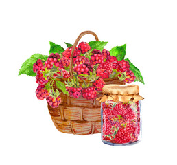 Fototapeta na wymiar Basket with raspberry and glass jar with jam. Red ripe berries and leaves. Watercolor food illustration