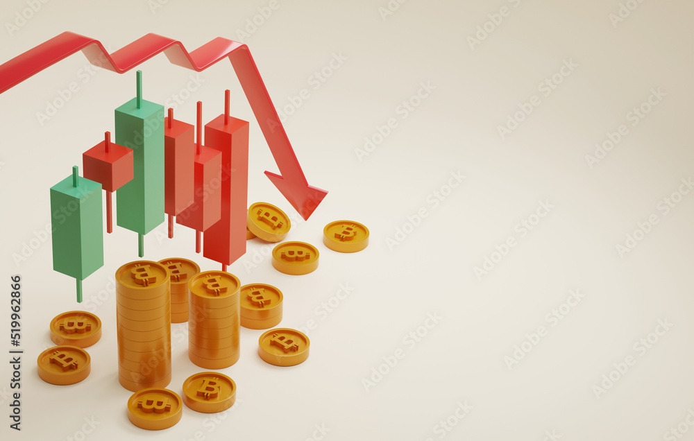 Poster arrow with red candlestick downward and bitcoin coin price decline.