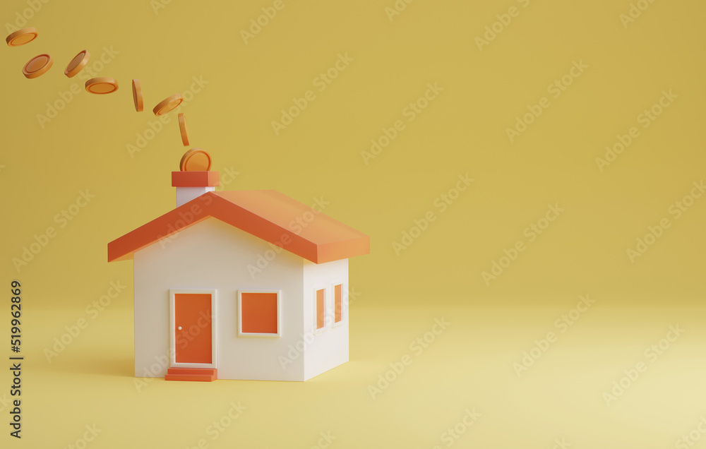 Poster house and coin icon floating from smokestack on yellow background.