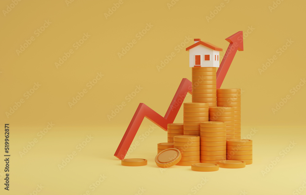 Poster house icon stack of coins and red arrow pointing up on yellow background.