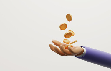 Businessman hands waiting to receive falling gold coins on a white background.