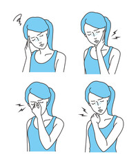 頭痛・歯痛・眼精疲労・肩凝りの女性のイラスト素材セット ベクター