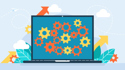 Mechanism of operation of computer app. Cooperation of technologies. Coordinated mechanism of business. Teamwork. Various gears. Concept of departmental cooperation. Flat design. Vector illustration. - obrazy, fototapety, plakaty