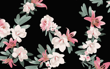 Mixed floral design print on dark base  