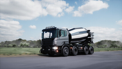 Fototapeta na wymiar Cement truck very fast driving on highway. Building concept. 3d rendering.
