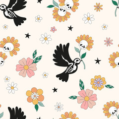Peace bird skeleton skull flower vector seamless pattern. Hippie Halloween floral background. Boho Flower power surface design.