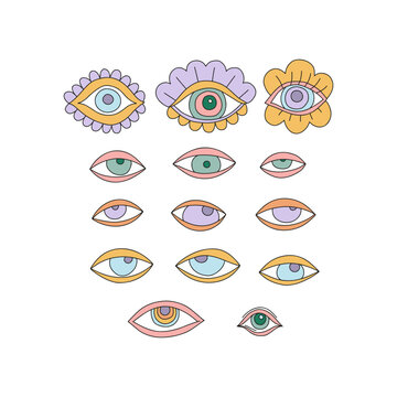 Groovy floral evil eyes talisman vector illustration set isolated on white. Boho hippie retro 60s 70s flower power eye print collection for Halloween.
