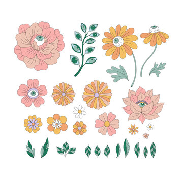 Mystic Garden Eyed Florals Flower Power vector illustration set isolated on white. Hippie Halloween Retro 60s 70s Boho Groovy floral print collection.