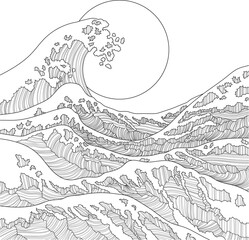 Realistic chinese style graphic sea waves and sun sketch template. Cartoon vector illustration in black and white for games, background, pattern, decor. Coloring paper, page, story book, print