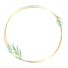 Gold round frame with watercolor floral illustration. Round shape borders with green leaves on white background. Geometric line circle design elements.
