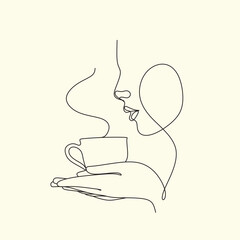 Continuous one line drawing. Woman relaxing with cup of tea. Vector illustration