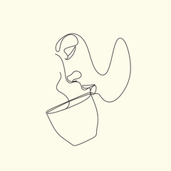 Continuous one line drawing. Woman relaxing with cup of tea. Vector illustration