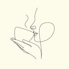 Continuous one line drawing. Woman relaxing with cup of tea. Vector illustration