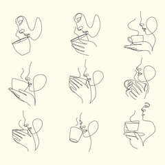 Continuous one line drawing. Woman relaxing with cup of tea. Vector illustration