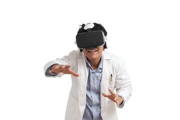 Young peruvian male scientific using virtual reality headset. Isolated over white background.