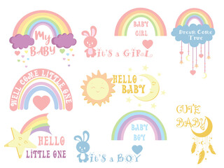 Boho Rainbow Icon Vector illustration. its a boy girl sign, Cute Baby emblem isolated on white background, Flat style for t-shirt graphic, Newborn children's room wall decor.
