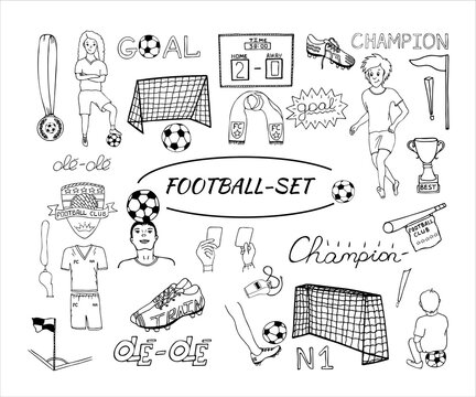 Football clipart set. Doodle collection with quotes, characters, football equipment. Hand drawn soccer icons.