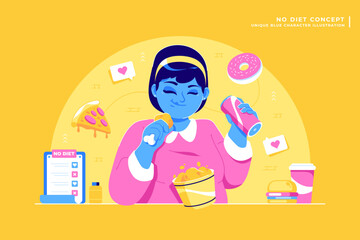 no diet fat girl eating junk food illustration