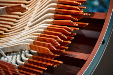 The stator of an industrial electric motor at the assembly stage. Thick copper busbars are wrapped...