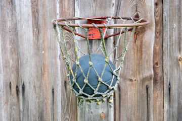 A very old basketball hoop with a ball bolted to the wooden plank wall