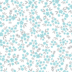 Simple vintage pattern. small blue  flowers, grey leaves. white  background. Fashionable print for textiles and wallpaper.