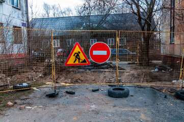 road signs warning of road works