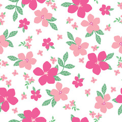 Simple vintage pattern. pink flowers, green leaves. white  background. Fashionable print for textiles and wallpaper.