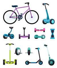 electric transport. eco urban vehicle scooter bicycle monowheel for solo riding outdoor riding in city park. Vector cartoon illustrations © alex_cardo