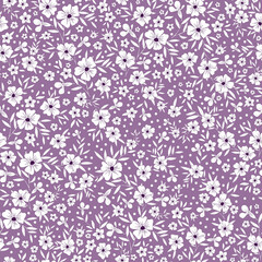 Fototapeta na wymiar Simple vintage pattern. small white flowers, leaves and dots. lilac background. Fashionable print for textiles and wallpaper.