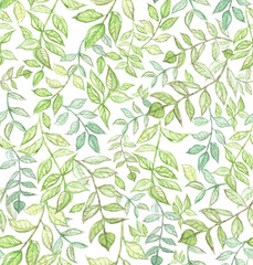 Naklejka na ściany i meble Watercolor seamless green pattern with leaves for background, fabric, wrapping paper or wedding decoratons