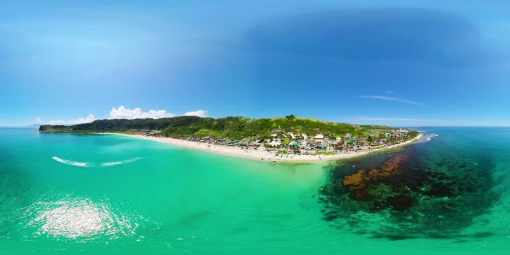 Seascape with tropical sandy beach and blue ocean. Blue Lagoon, Pagudpud. Philippines. VR 360.