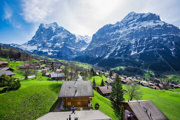 Grindelwald First Cable Car View: Green Meadows, Village, Glacier Wall and Snowy Peaks