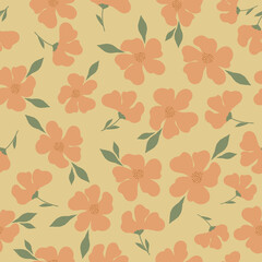 Simple vintage pattern. orange  flowers, green  leaves. beige  background. Fashionable print for textiles and wallpaper.
