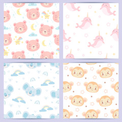 seamless pattern with funny animals for babies. vector illustration in pastel colors