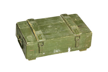 an army wooden green box, close-up on a white background. texture of the old tree. props for games