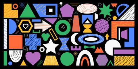 Set of Various bright basic Geometric Figures with face emotions, hands and legs. Different shapes. Hand drawn trendy Vector illustration for kids. Cute funny characters. All elements are isolated