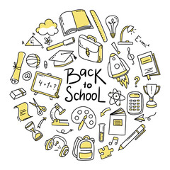 Back to school doodle set of elements. Vector illustration in line style.
