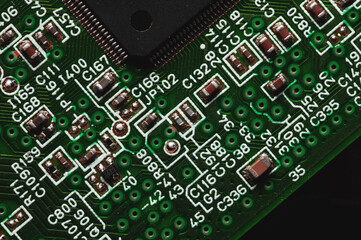 Green Circuit board, electronic computer hardware technology. Motherboard digital chip. Technical science