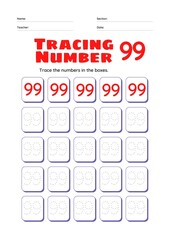 High Resolution full page Kids Counting 51 to 100 Practise Study Material, Number Tracing Homework Set for Preschool kids.