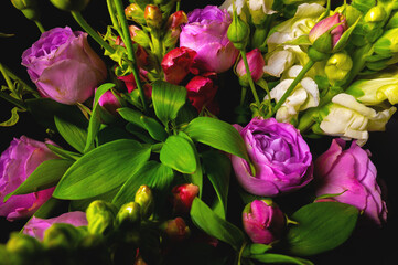 Fresh mixed flower bouquet on black background. Green branches with rich peony roses. Dark floral background