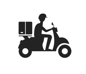 Fototapeta premium Man riding scooter delivery service flat icon design vector. Courier marketplace online shipping symbol illustration.