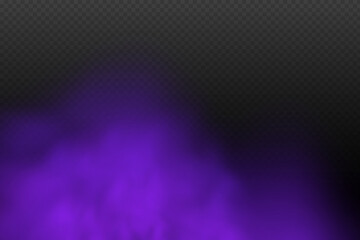 Realistic scary mystical violet fog in night Halloween. Purple poisonous gas, dust and smoke effect.