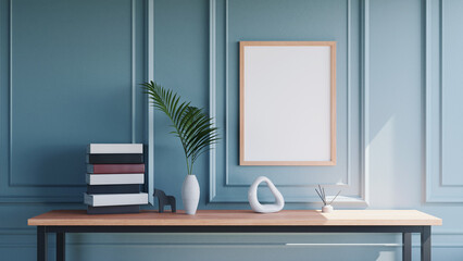 Photo Frame mockup with Blue wall, 3d rendering