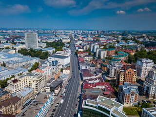 Fototapeta na wymiar Pushkin Street in Kazan, Tatarstan. Central street with cafes, offices, hotels and attractions. Summer cityscape. Central business district
